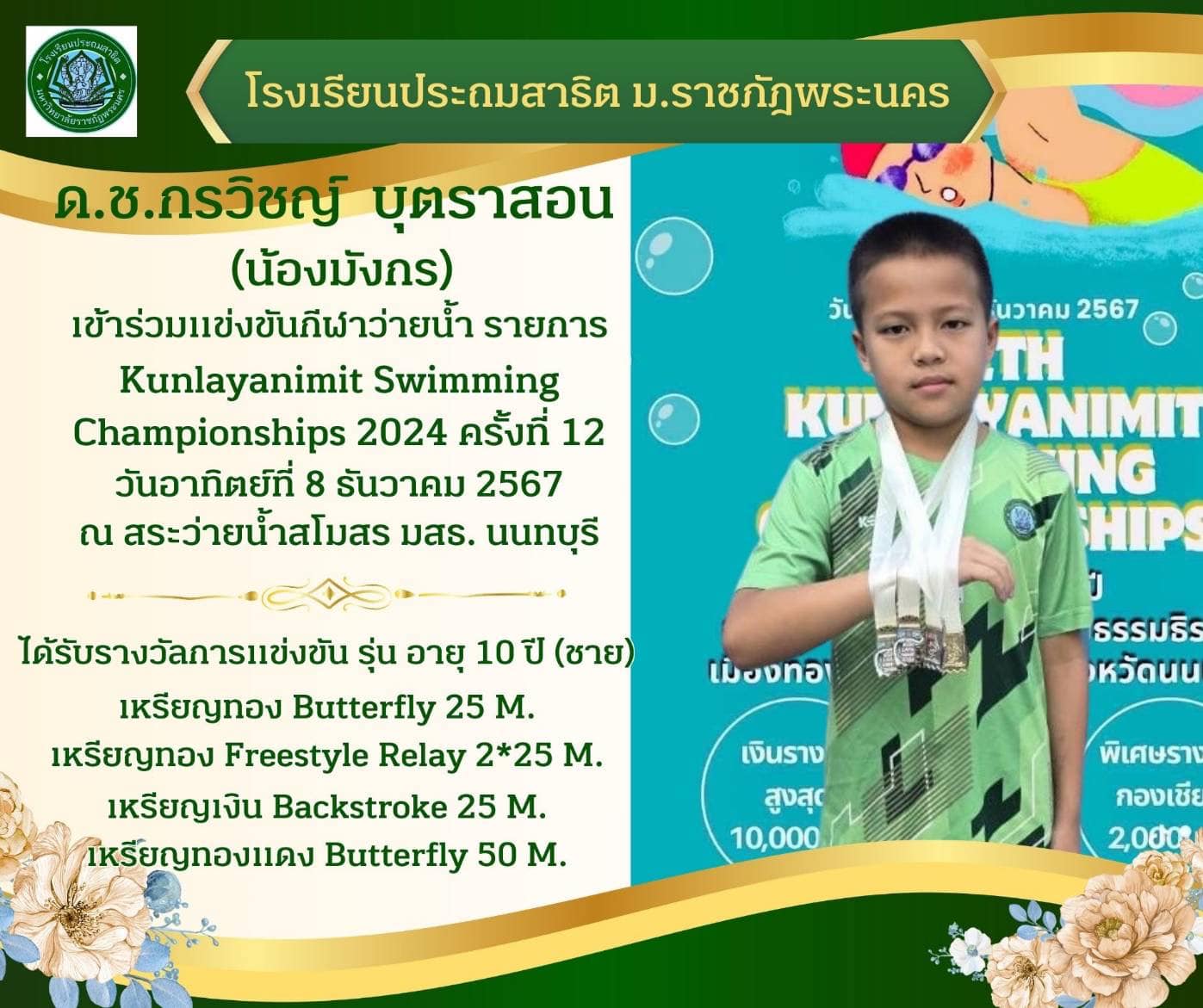 โรงเรียนประถมสาธิต มหาวิทยาลัยราชภัฏพระนคร ขอแสดงความยินดี ด.ช.กรวิชญ์ บุตราสอน (น้องมังกร)