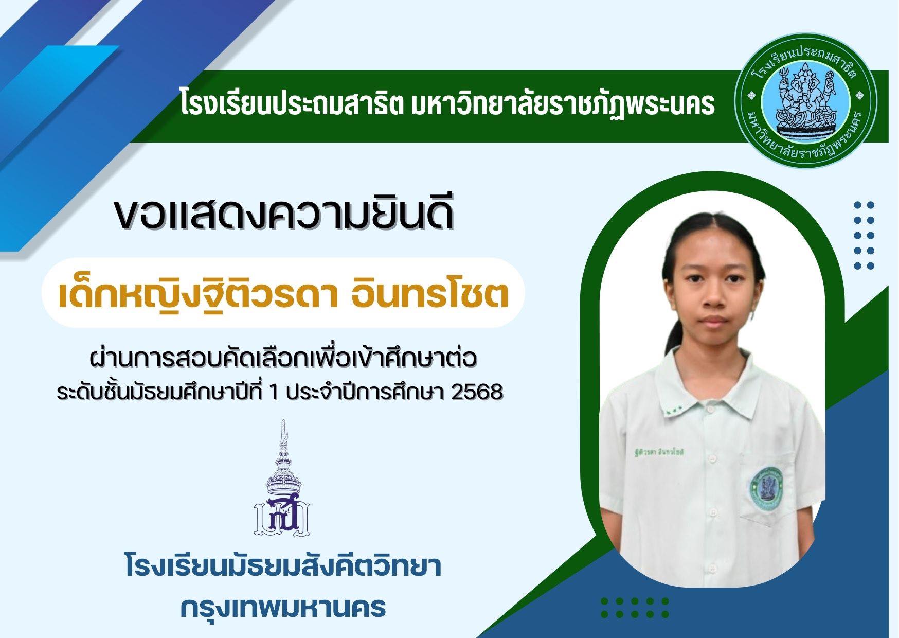 โรงเรียนประถมสาธิต มหาวิทยาลัยราชภัฏพระนคร  ขอแสดงความยินดีกับ  เด็กหญิงฐิติวรดา อินทรโชต