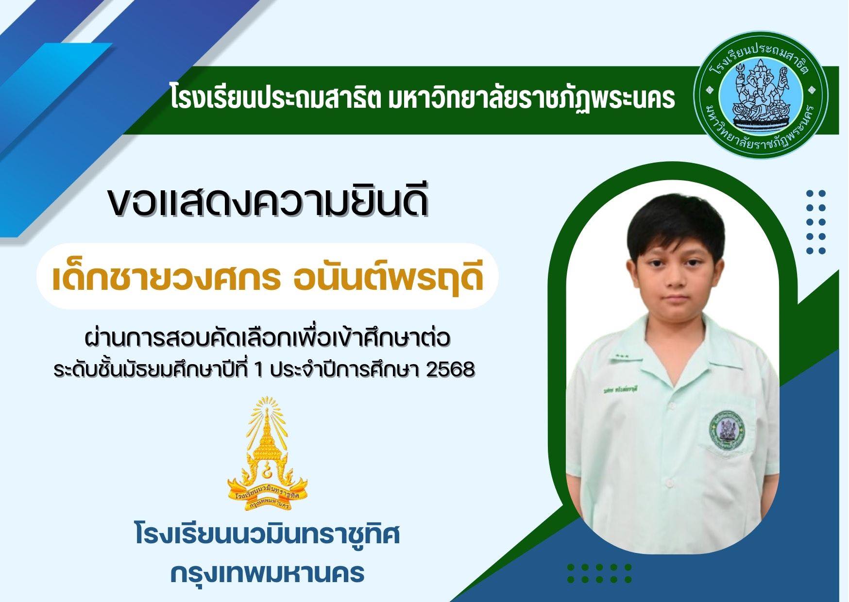 โรงเรียนประถมสาธิต มหาวิทยาลัยราชภัฏพระนคร  ขอแสดงความยินดีกับ  เด็กชายวงศกร อนันต์พรฤดี