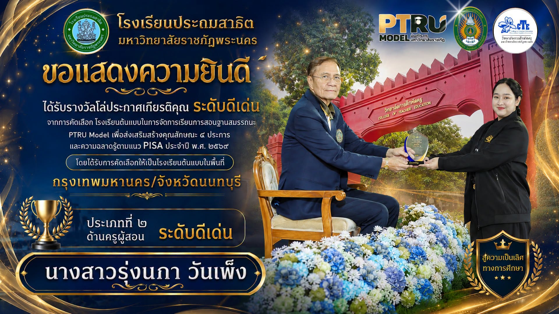 ขอแสดงความยินดีกับโรงเรียนประถมสาธิต มหาวิทยาลัยราชภัฏพระนคร ประเภทที่ ๒ ด้านครูผู้สอน ระดับดีเด่น  นางสาวรุ่งนภา วันเพ็ง