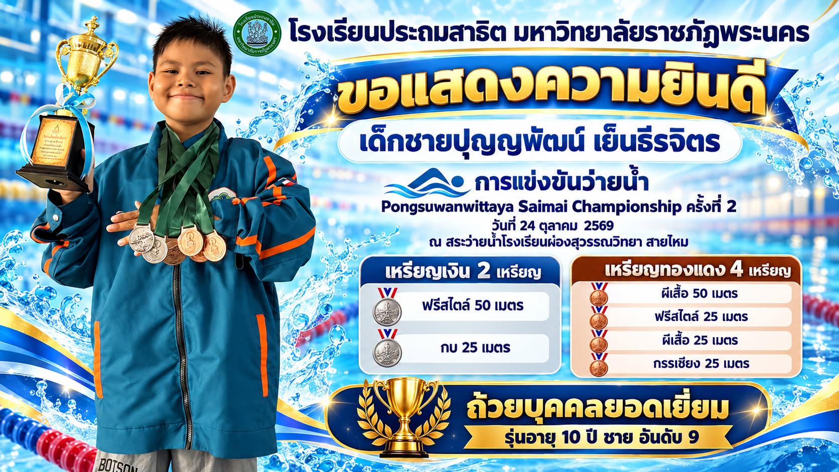 โรงเรียนประถมสาธิต มหาวิทยาลัยราชภัฏพระนคร  ขอแสดงความยินดี  เด็กชายปุญญพัฒน์ เย็นธีรจิตร